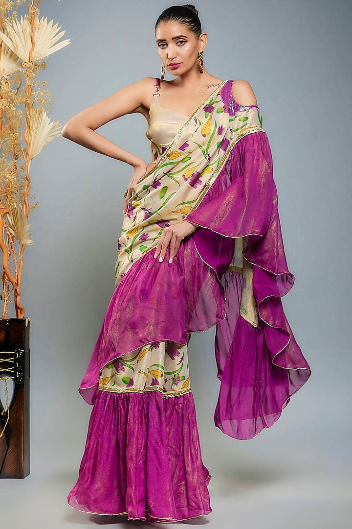 Gold & Purple Tissue Digital Printed Saree Set by Anita kanwal studio
