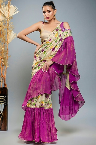 Gold & Purple Tissue Digital Printed Saree Set by Anita kanwal studio