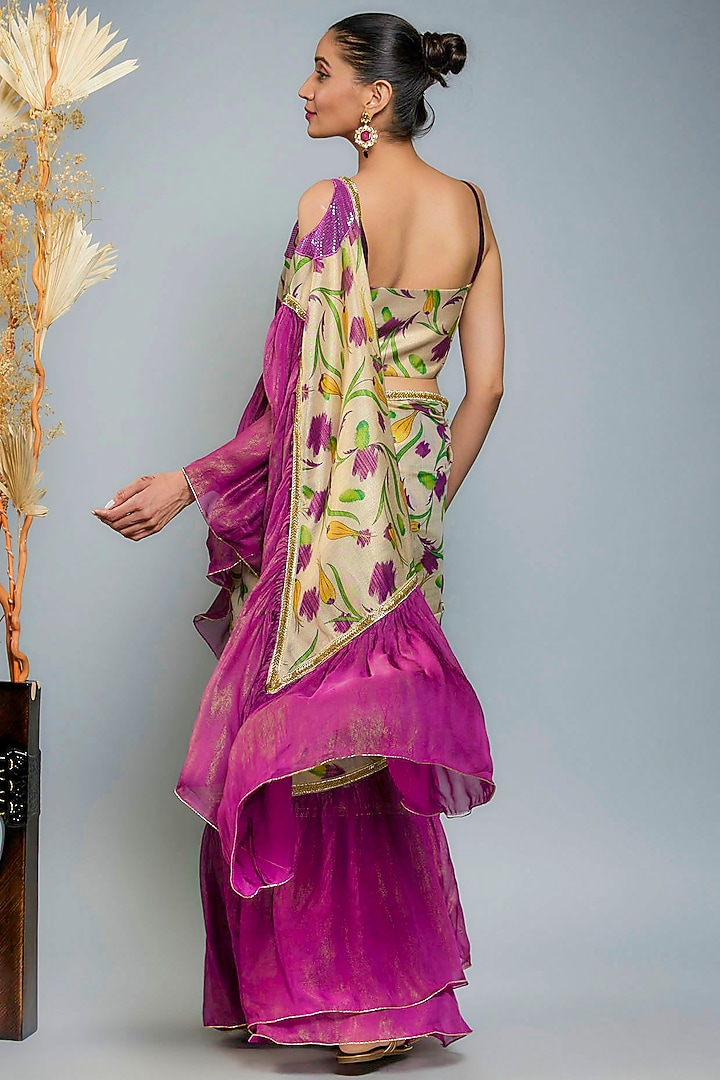 Gold & Purple Tissue Digital Printed Party Wear Saree Set by Anita kanwal studio at Pernia's Pop Up Shop