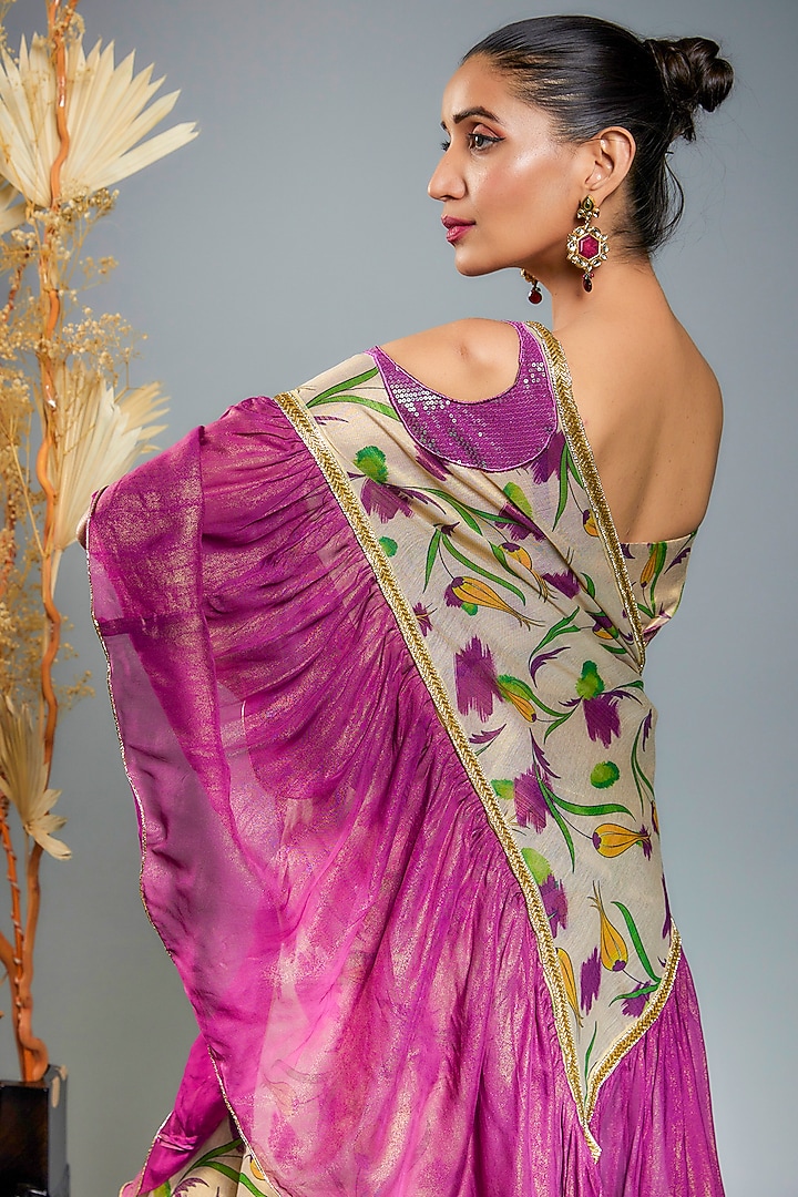 Gold & Purple Tissue Digital Printed Party Wear Saree Set by Anita kanwal studio at Pernia's Pop Up Shop