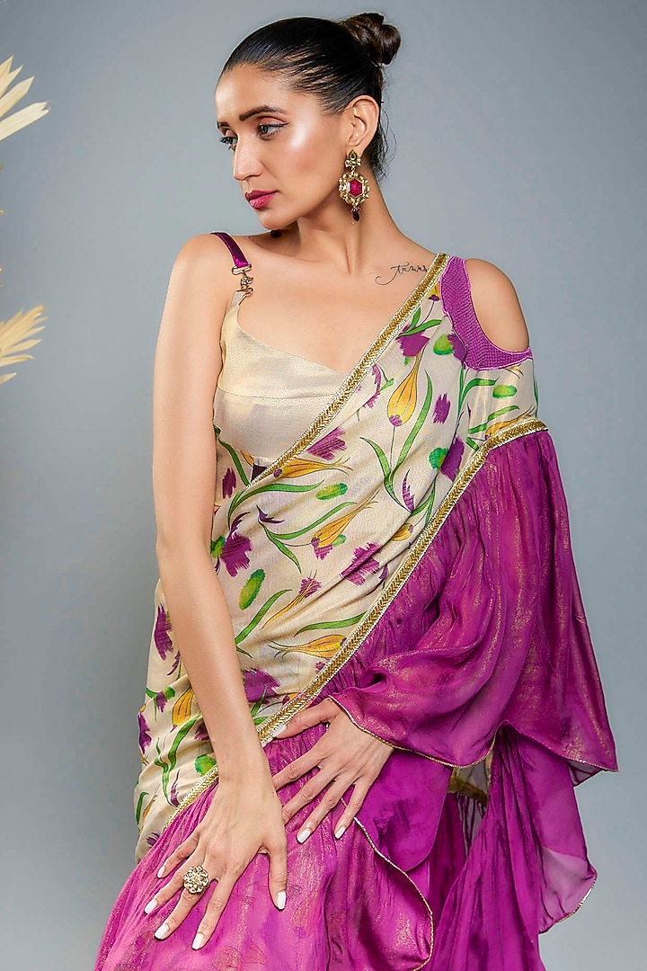 Gold & Purple Tissue Digital Printed Party Wear Saree Set by Anita kanwal studio at Pernia's Pop Up Shop