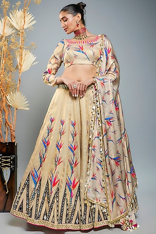 Gold Tissue Hand Embroidered & Digital Printed Lehenga Set by Anita kanwal studio