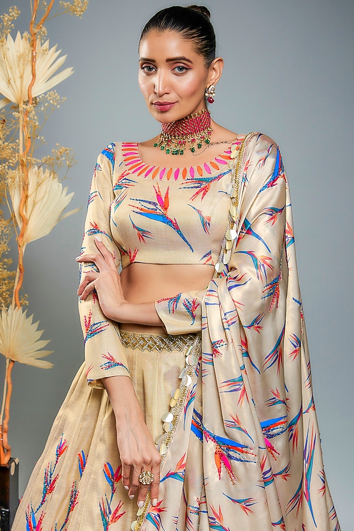 Gold Tissue Hand Embroidered & Digital Printed Wedding Lehenga Set by Anita kanwal studio at Pernia's Pop Up Shop
