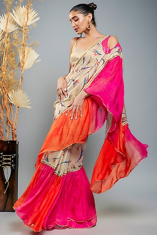 Gold Shimmer Georgette & Tissue Digital Printed Saree Set by Anita kanwal studio