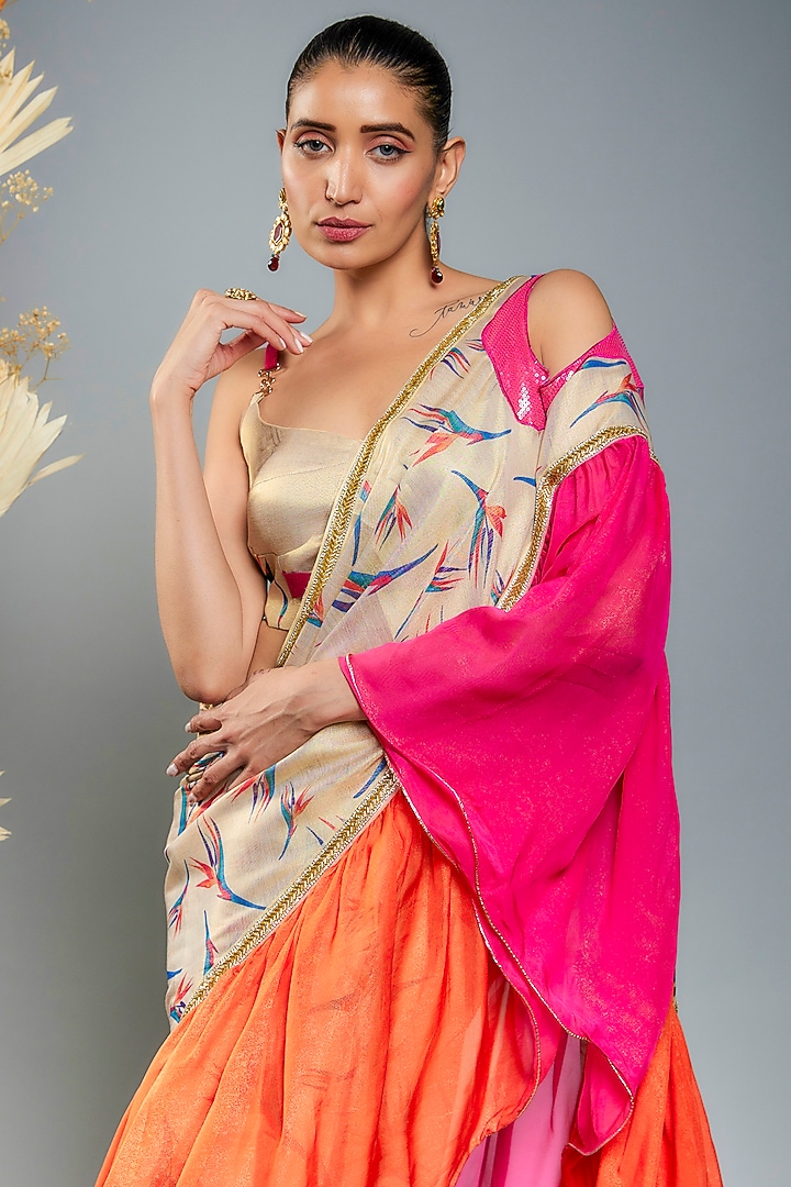 Gold Shimmer Georgette & Tissue Digital Printed Party Wear Saree Set by Anita kanwal studio at Pernia's Pop Up Shop