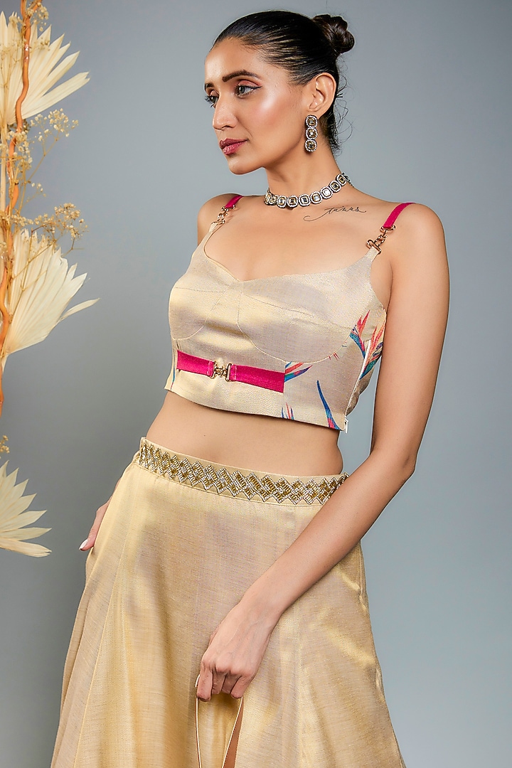 Gold Tissue Hand Embroidered & Digital Printed Skirt Set by Anita kanwal studio at Pernia's Pop Up Shop