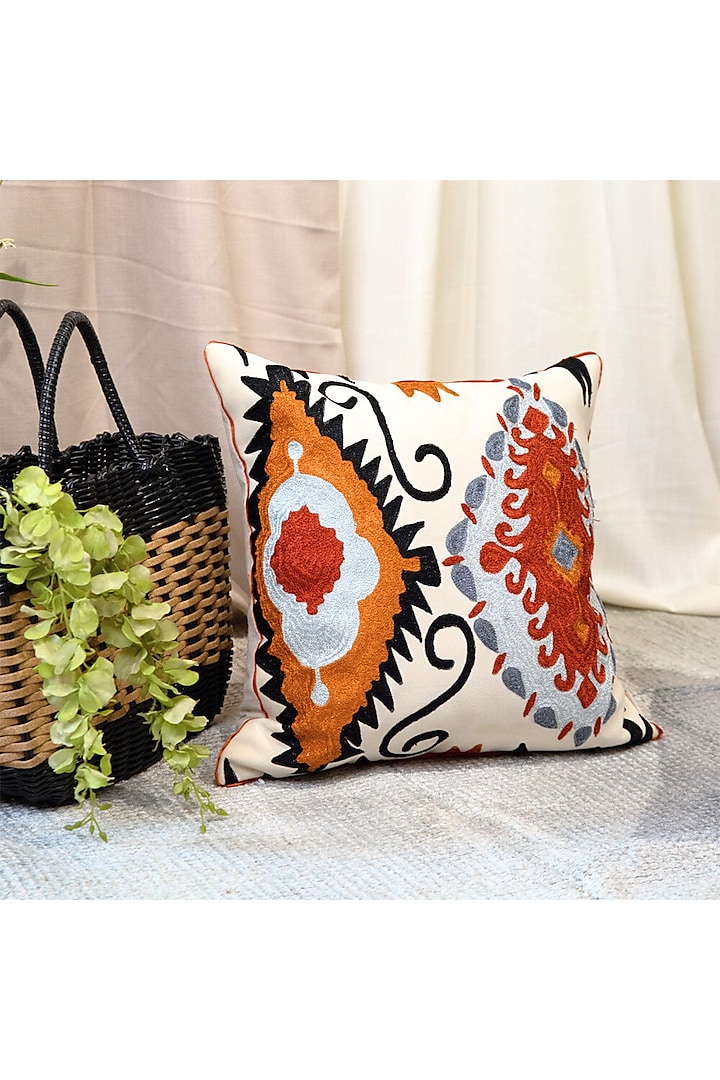 Multi-Colored Suede Crewel Embroidered Cushion Cover by ALCOVE at Pernia's Pop Up Shop