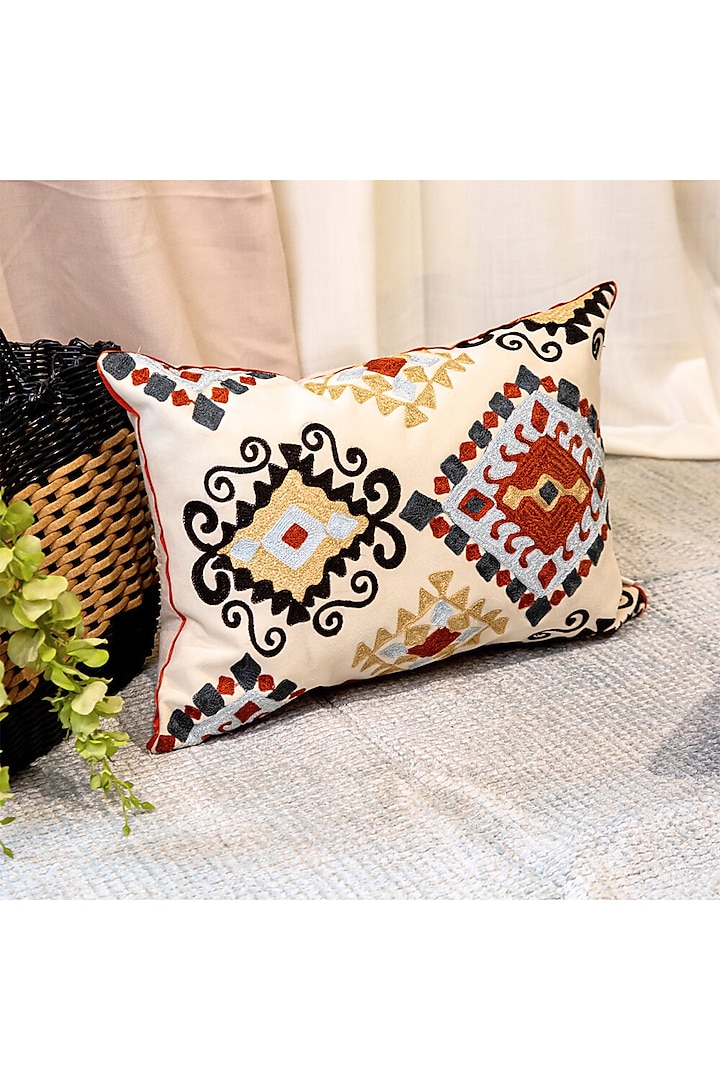 Multi-Colored Suede Crewel Embroidered Cushion Cover by ALCOVE at Pernia's Pop Up Shop