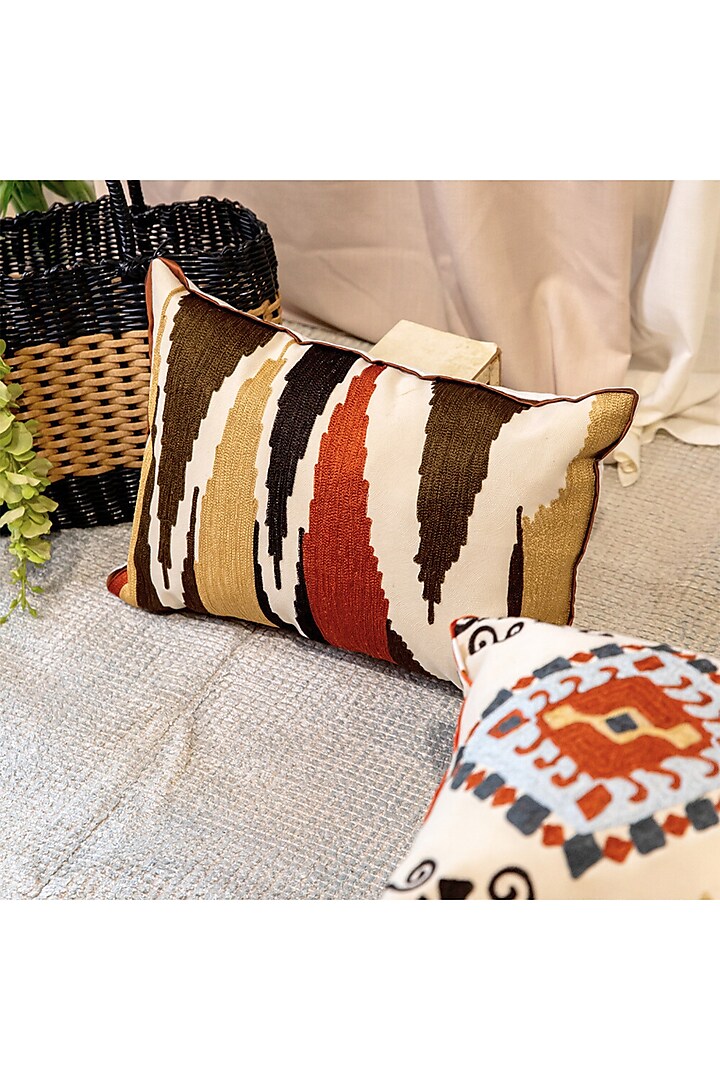 Beige & Rust Suede Crewel Embroidered Cushion Cover by ALCOVE at Pernia's Pop Up Shop