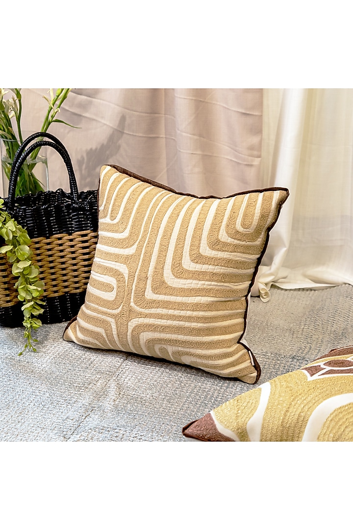 Beige & Off-White Suede Crewel Embroidered Cushion Cover by ALCOVE at Pernia's Pop Up Shop