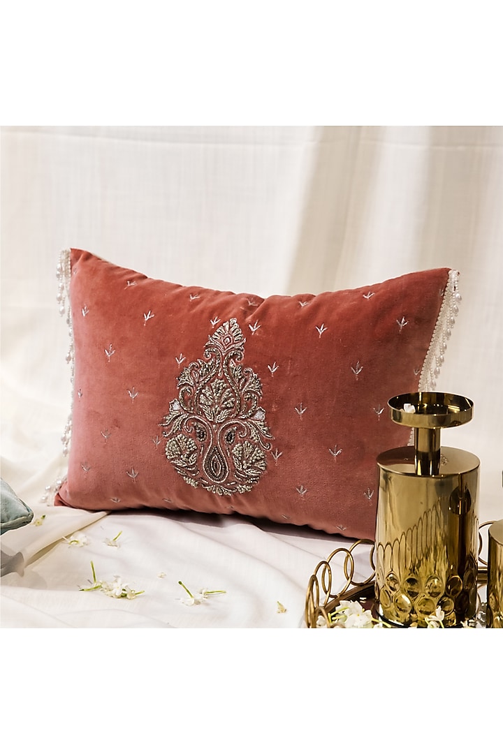 Blush Pink Velvet Zardosi Hand Embroidered Cushion Cover by ALCOVE at Pernia's Pop Up Shop