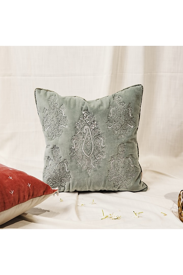 Turquoise & Green Velvet Machine Embroidered Cushion Cover by ALCOVE at Pernia's Pop Up Shop