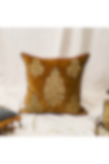 Mustard & Gold Velvet Machine Embroidered Cushion Cover by ALCOVE at Pernia's Pop Up Shop