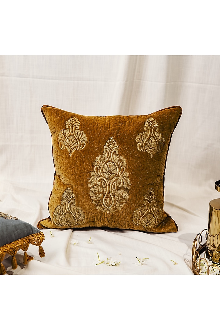 Mustard & Gold Velvet Machine Embroidered Cushion Cover by ALCOVE at Pernia's Pop Up Shop