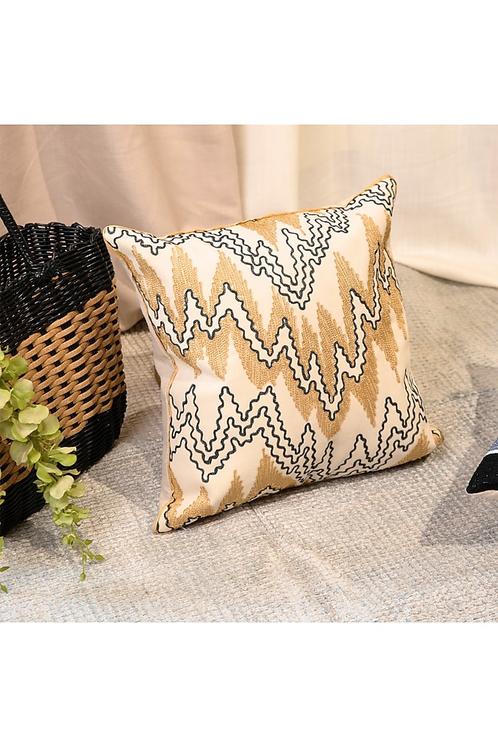 Beige & Ochre Suede Crewel Embroidered Cushion Cover by ALCOVE at Pernia's Pop Up Shop