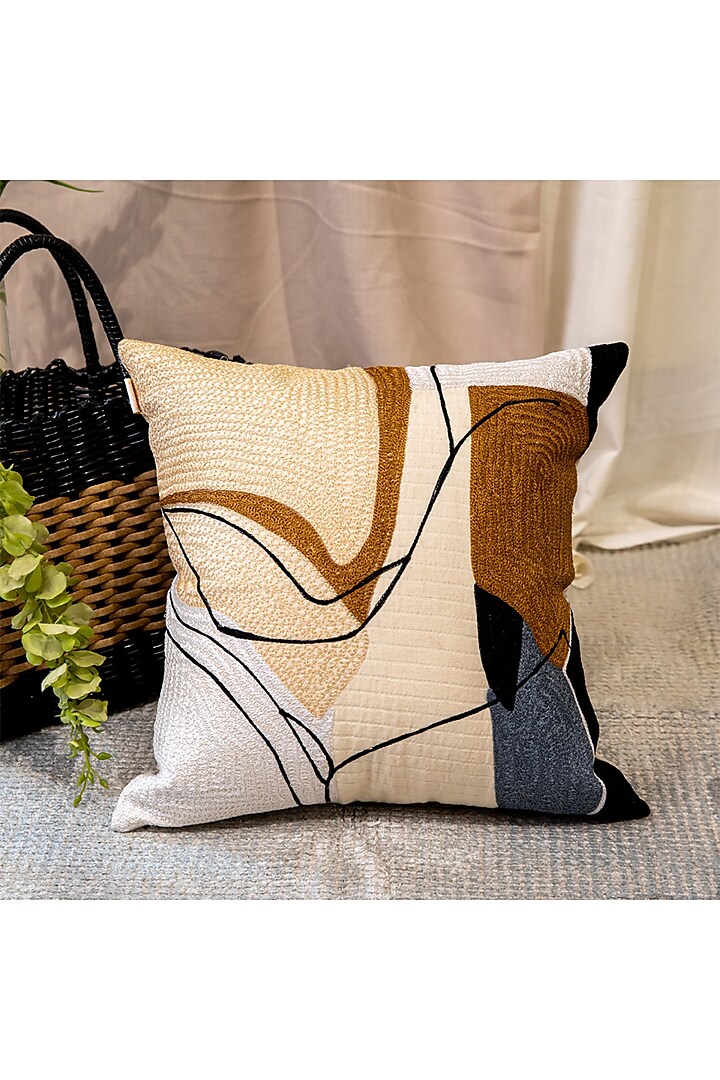 Multi-Colored Cotton Crewel Embroidered Cushion Cover by ALCOVE at Pernia's Pop Up Shop