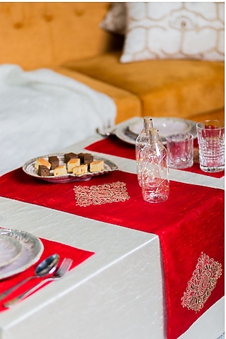 Red Embroidered Table Runner (Set Of 7) by ALCOVE
