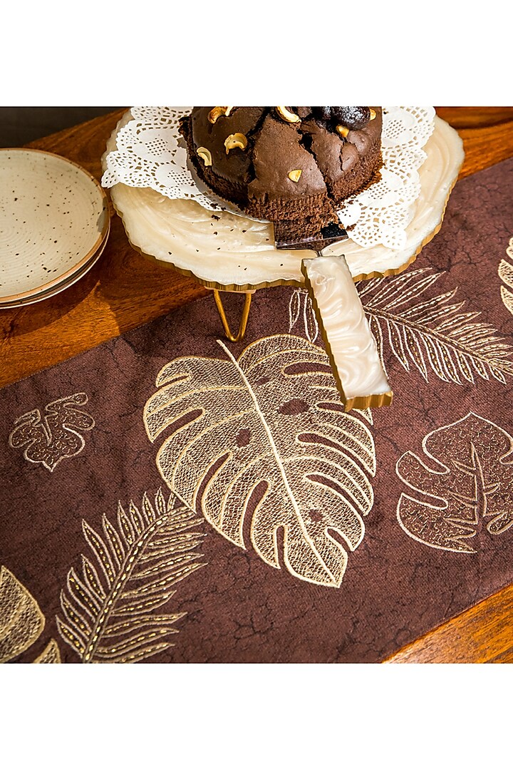 Brown Monstera Embroidered Table Runner by ALCOVE