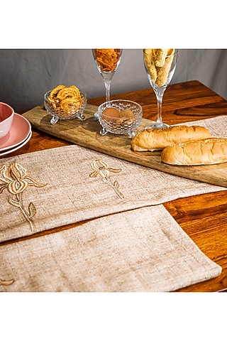 Khadi Iris Embroidered Table Runner With Mats (Set of 7) by ALCOVE
