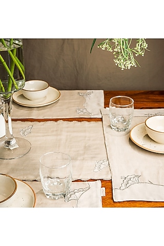 Off-White Linen & Organza Embroidered Table Runner With Mats (Set of 7) by ALCOVE