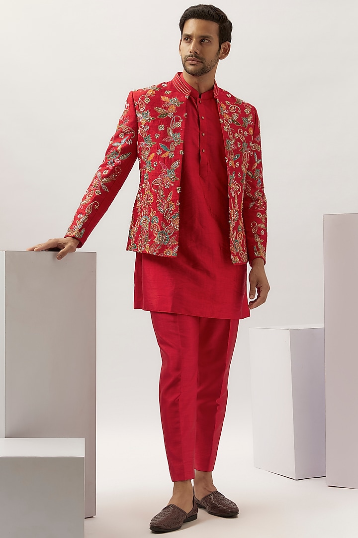 Red Silk Hand Embroidered Indo-Western Set by LA ADORE BY BHAVIK J BAFNA
