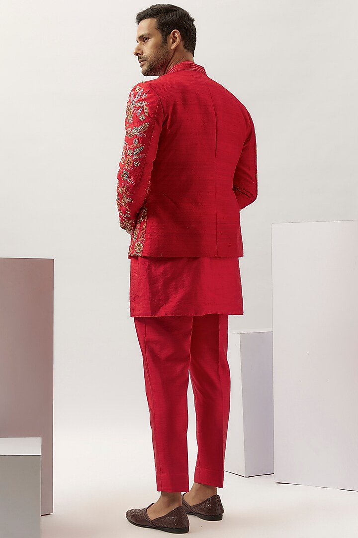 Red Silk Hand Embroidered Indo-Western Set by LA ADORE BY BHAVIK J BAFNA at Pernia's Pop Up Shop