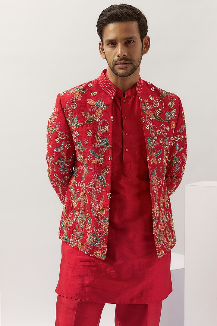 Red Silk Hand Embroidered Indo-Western Set by LA ADORE BY BHAVIK J BAFNA at Pernia's Pop Up Shop