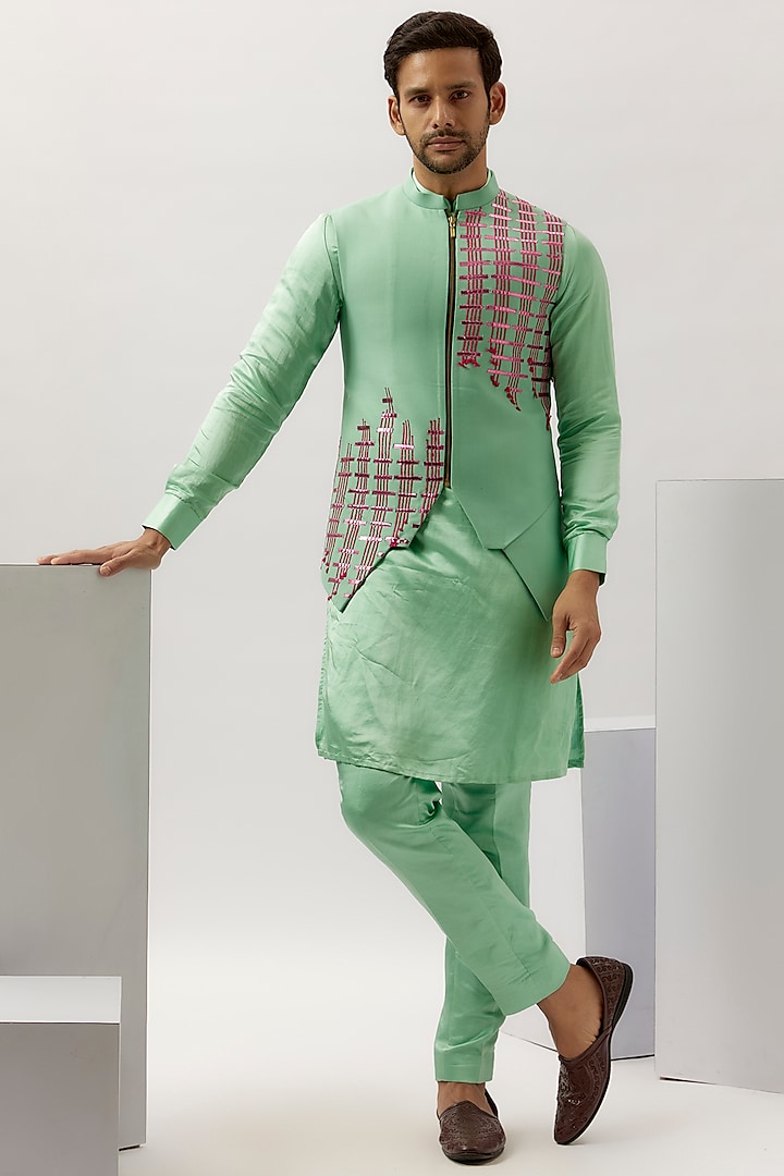 Green Terry Rayon Leather Embroidered Nehru Jacket Set by LA ADORE BY BHAVIK J BAFNA