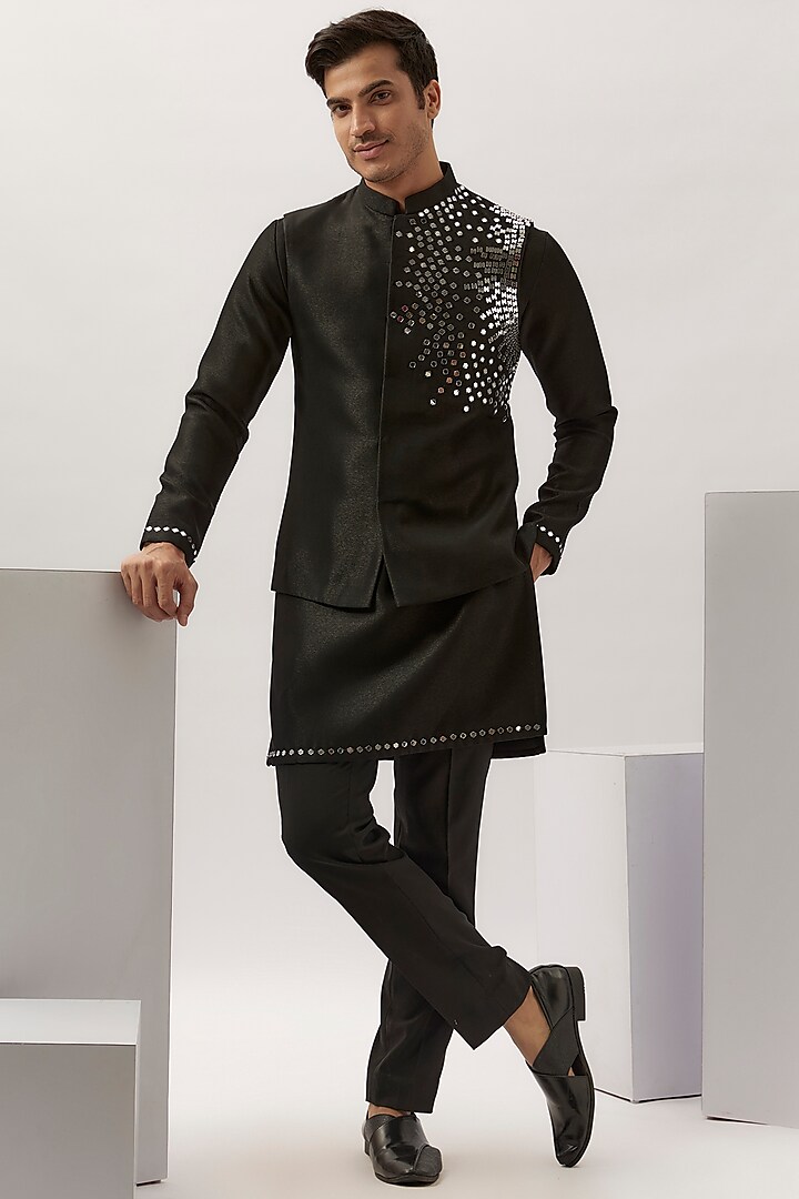Black Terry Rayon Mirror Embroidered Nehru Jacket Set by LA ADORE BY BHAVIK J BAFNA