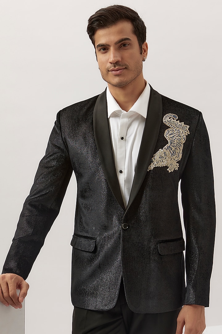 Black Terry Rayon Zardosi Embroidered Blazer Set by LA ADORE BY BHAVIK J BAFNA at Pernia's Pop Up Shop