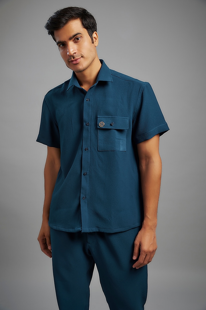 Blue Corduroy Textured Shirt by LA ADORE BY BHAVIK J BAFNA