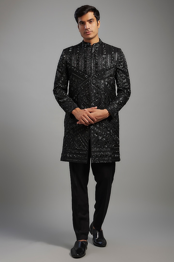 Black Terry Wool Metallic Embroidered Sherwani Set by LA ADORE BY BHAVIK J BAFNA