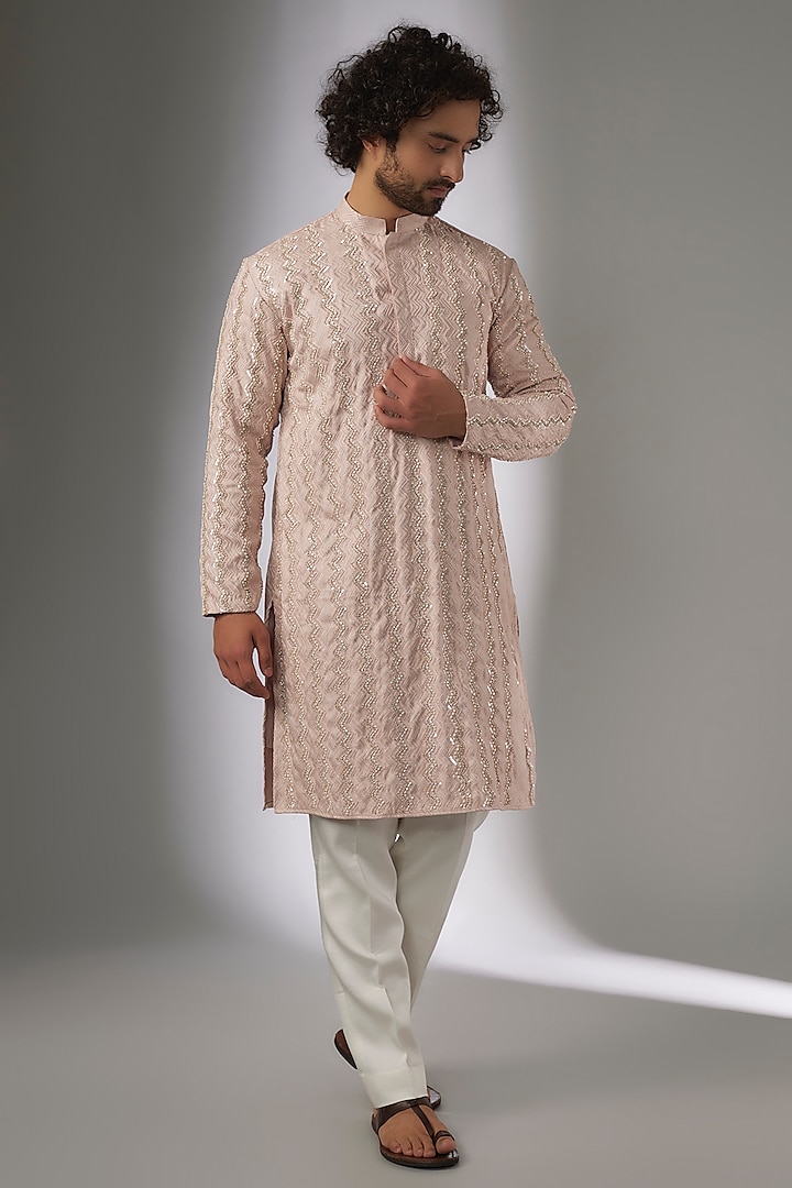 Peach Terry Rayon Abstract Printed & Hand Embroidered Kurta Set by LA ADORE BY BHAVIK J BAFNA