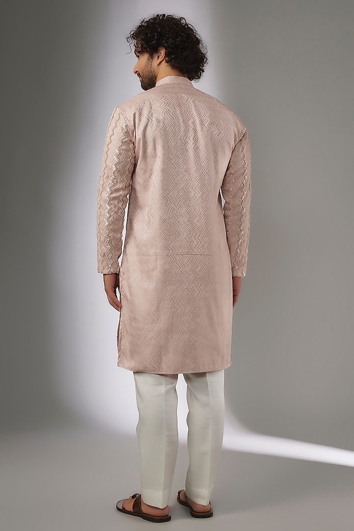 Peach Terry Rayon Abstract Printed & Hand Embroidered Kurta Set by LA ADORE BY BHAVIK J BAFNA at Pernia's Pop Up Shop