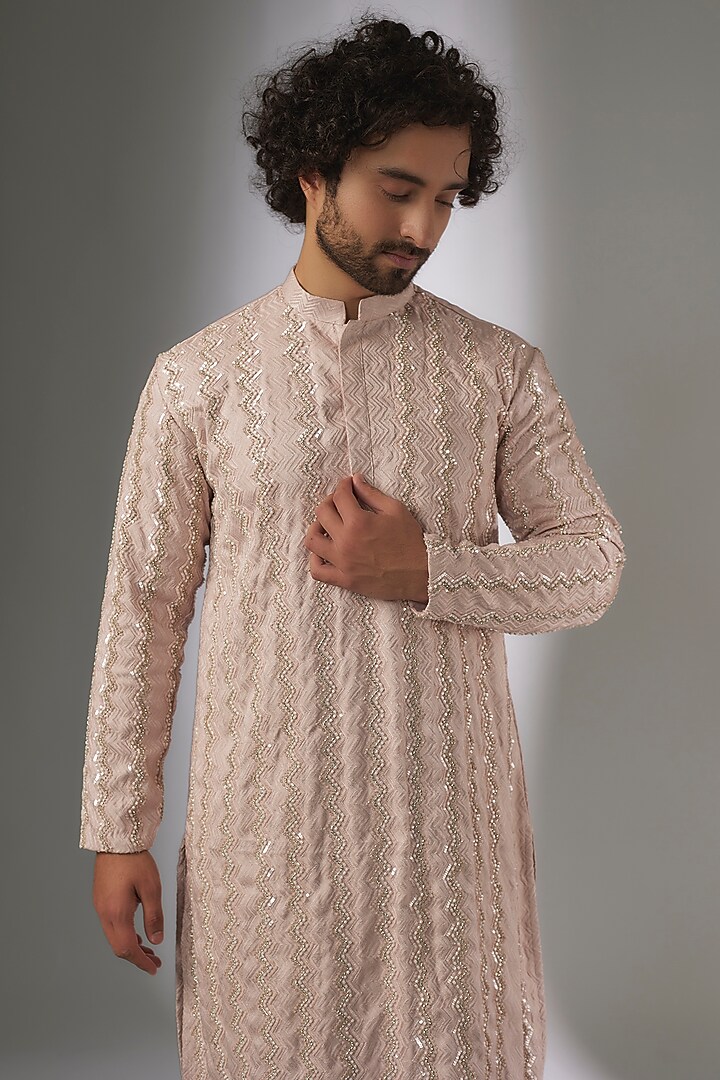 Peach Terry Rayon Abstract Printed & Hand Embroidered Kurta Set by LA ADORE BY BHAVIK J BAFNA at Pernia's Pop Up Shop