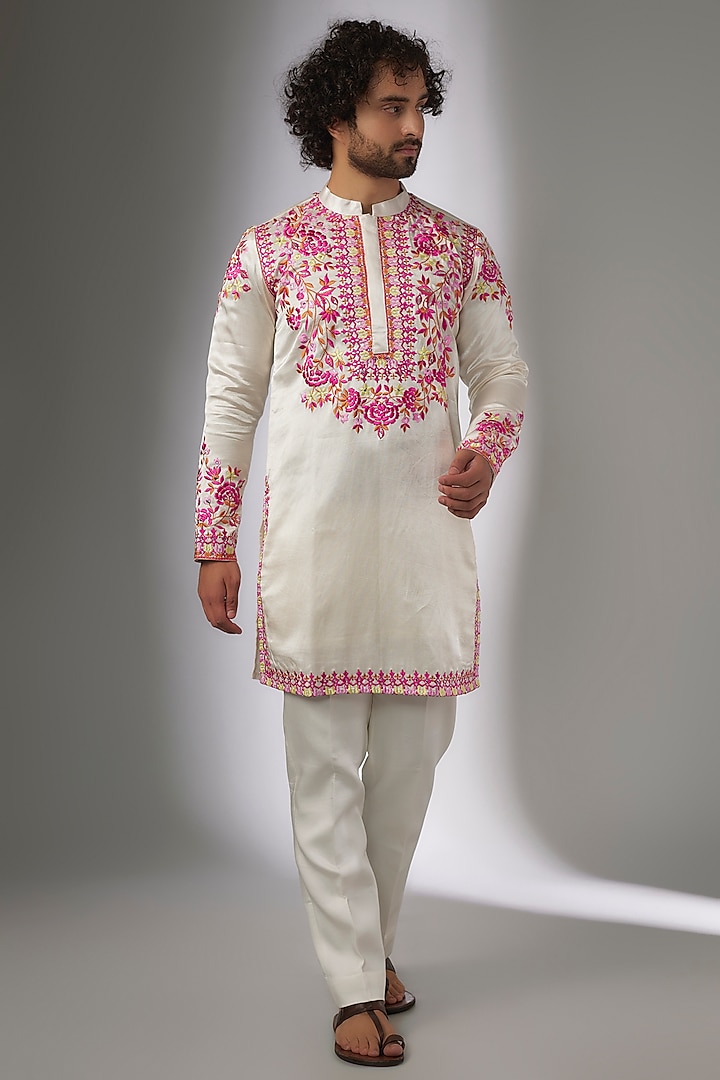 White Silk Hand & Machine Embroidered Kurta Set by LA ADORE BY BHAVIK J BAFNA