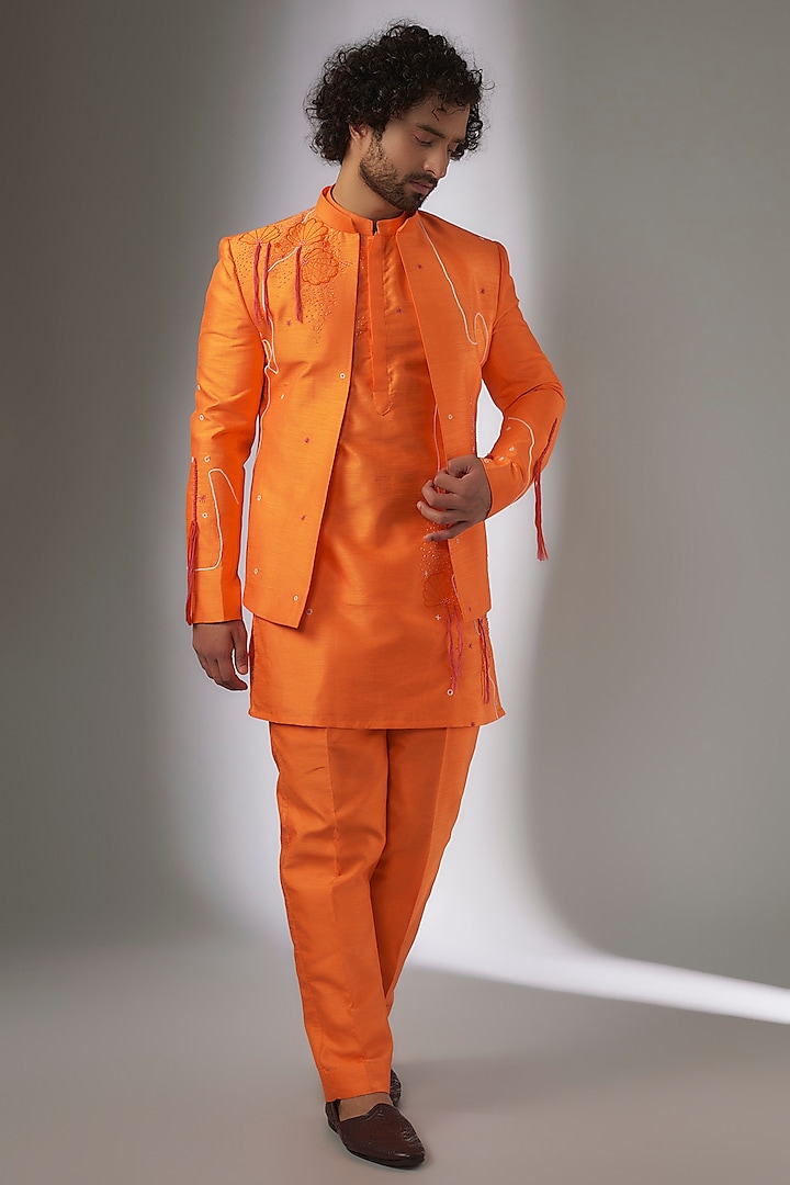 Orange Silk Hand Embroidered Jacket Set by LA ADORE BY BHAVIK J BAFNA