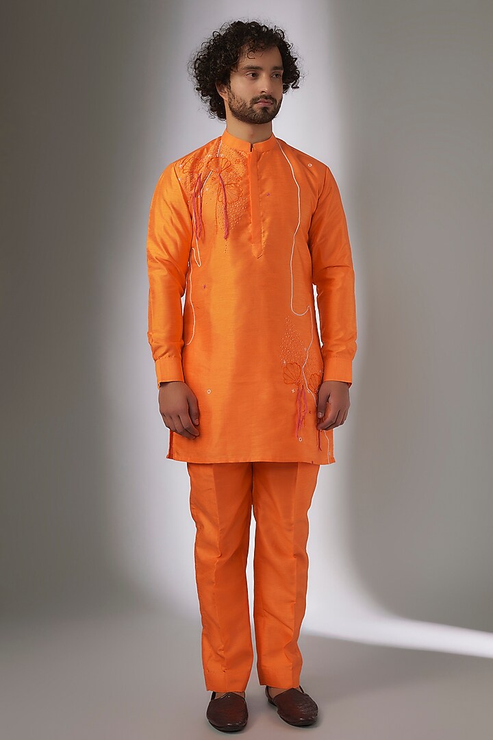 Orange Silk Hand Embroidered Jacket Set by LA ADORE BY BHAVIK J BAFNA at Pernia's Pop Up Shop