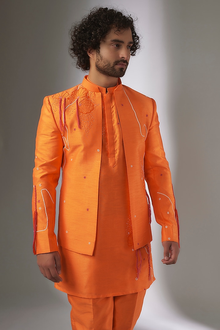 Orange Silk Hand Embroidered Jacket Set by LA ADORE BY BHAVIK J BAFNA at Pernia's Pop Up Shop