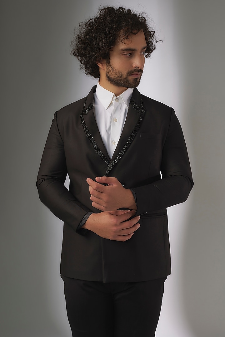 Black Terry Rayon Hand Embroidered Blazer Set by LA ADORE BY BHAVIK J BAFNA at Pernia's Pop Up Shop