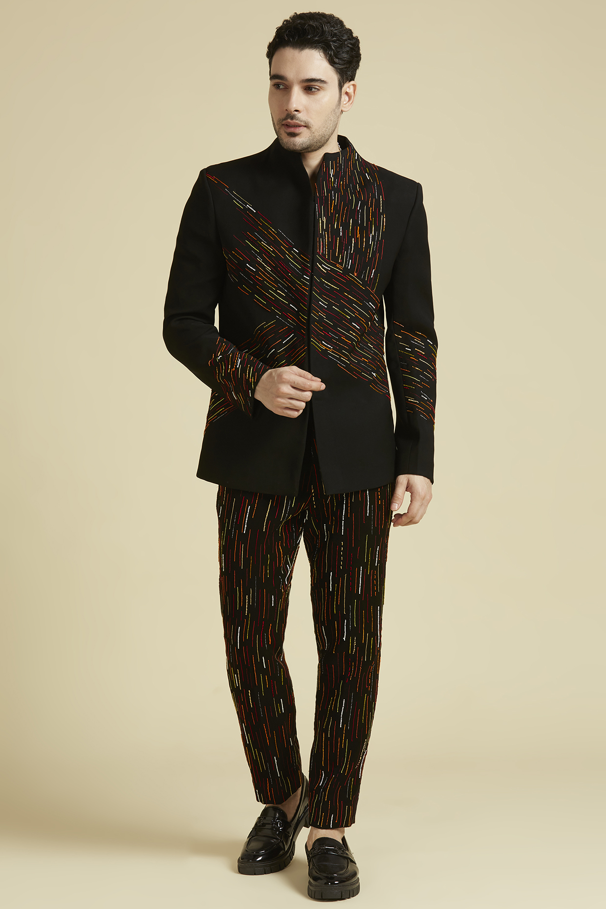 Black Bomariyo Embroidered Jodhpuri Set by LA ADORE BY BHAVIK J BAFNA