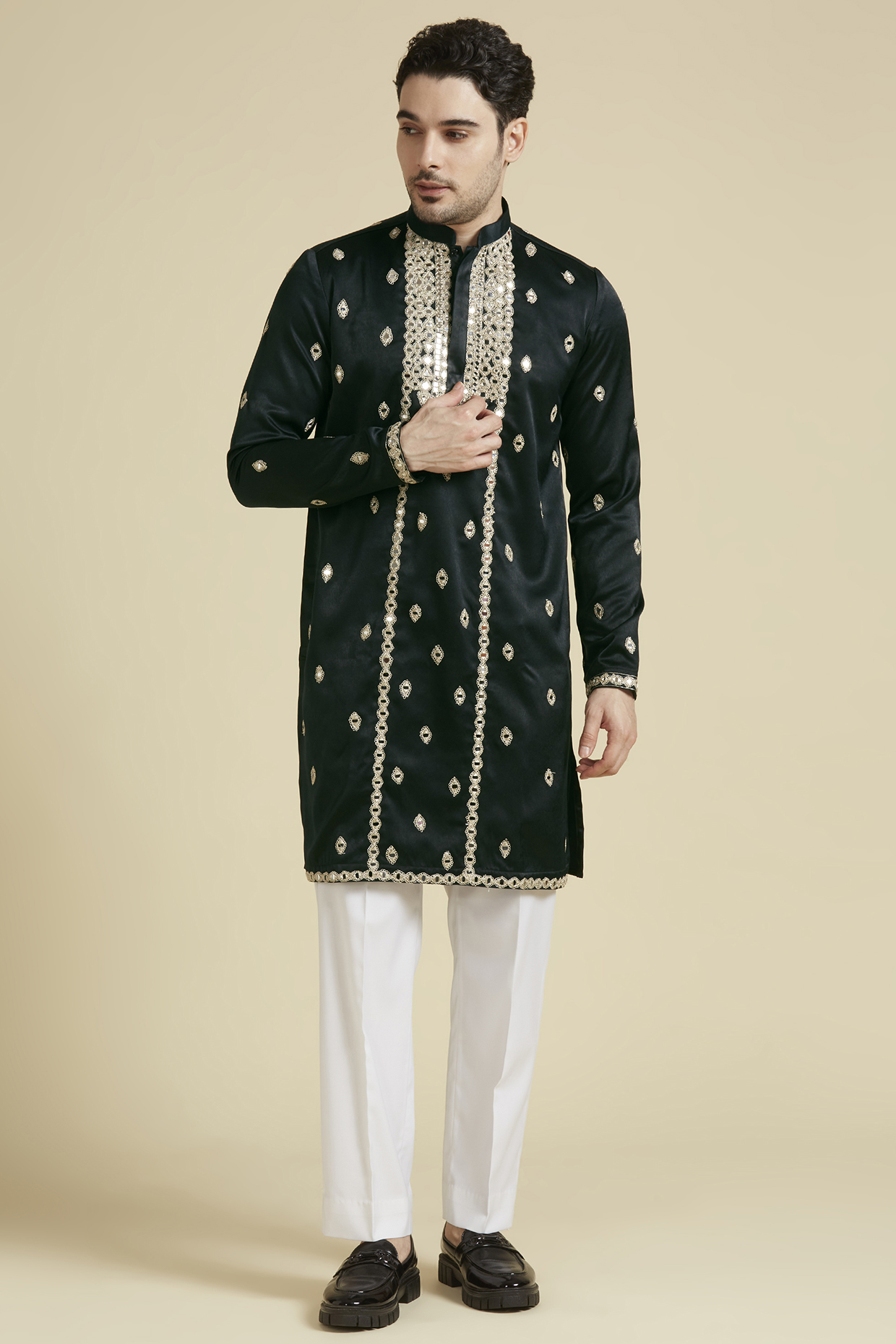 Green Satin Lycra Embroidered Kurta Set by LA ADORE BY BHAVIK J BAFNA