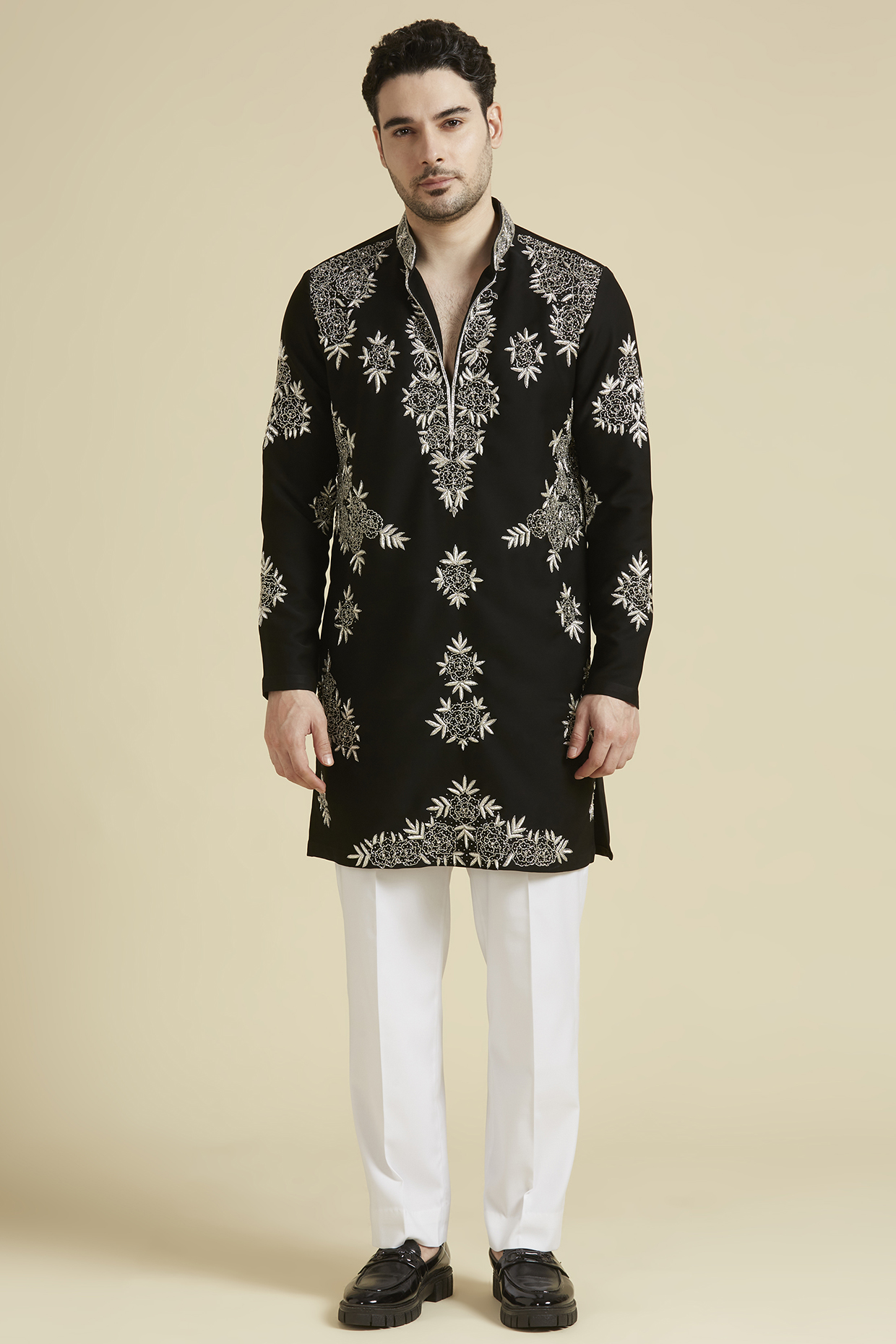 Black Satin Lycra Embroidered Kurta Set by LA ADORE BY BHAVIK J BAFNA