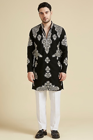 Black Satin Lycra Embroidered Kurta Set by LA ADORE BY BHAVIK J BAFNA