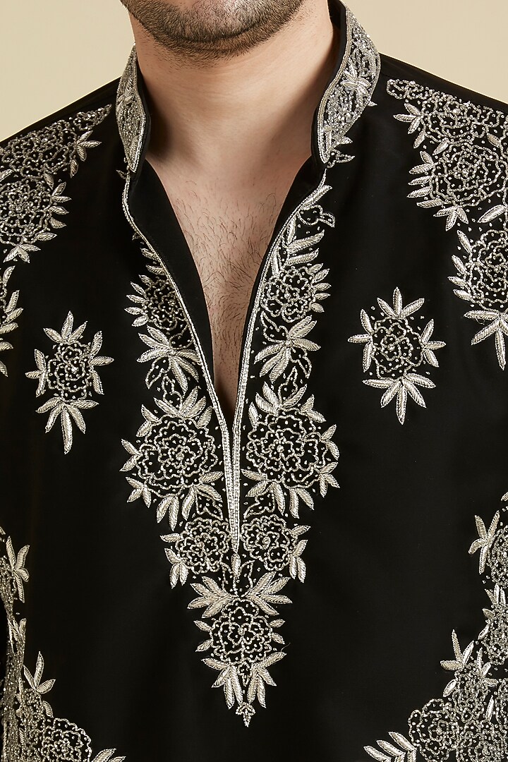 Black Satin Lycra Embroidered Kurta Set by LA ADORE BY BHAVIK J BAFNA at Pernia's Pop Up Shop