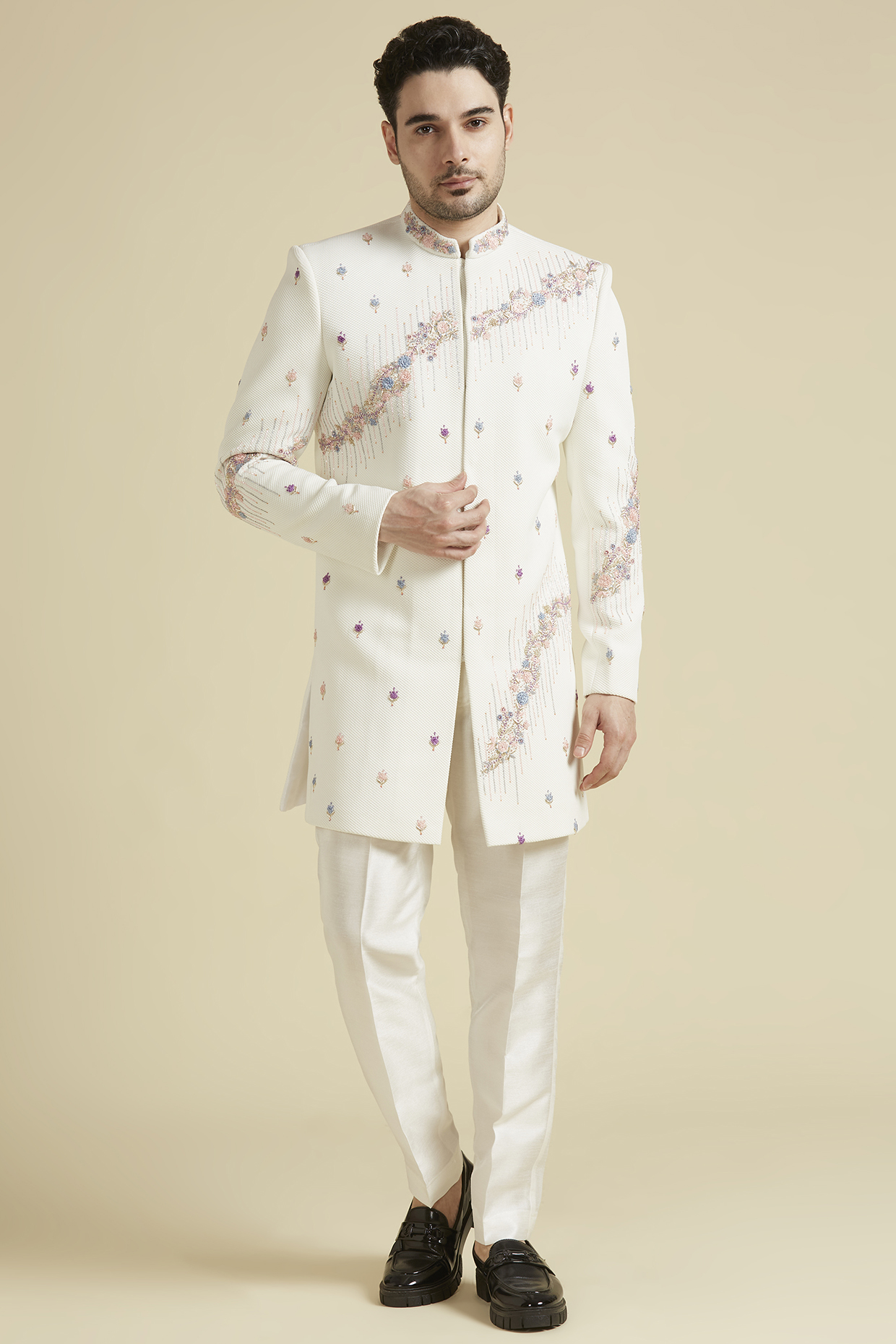 White Dobby Lycra Embroidered Sherwani Set by LA ADORE BY BHAVIK J BAFNA
