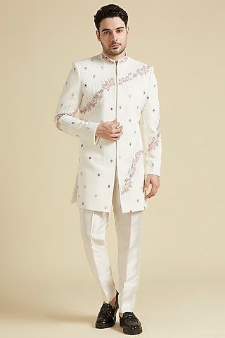 White Dobby Lycra Embroidered Sherwani Set by LA ADORE BY BHAVIK J BAFNA