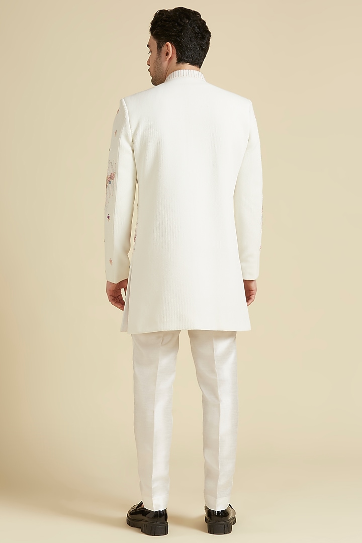 White Dobby Lycra Embroidered Wedding Sherwani Set by LA ADORE BY BHAVIK J BAFNA at Pernia's Pop Up Shop