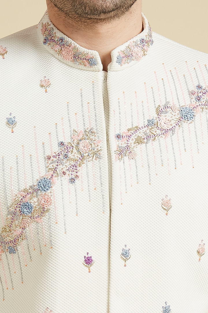 White Dobby Lycra Embroidered Wedding Sherwani Set by LA ADORE BY BHAVIK J BAFNA at Pernia's Pop Up Shop