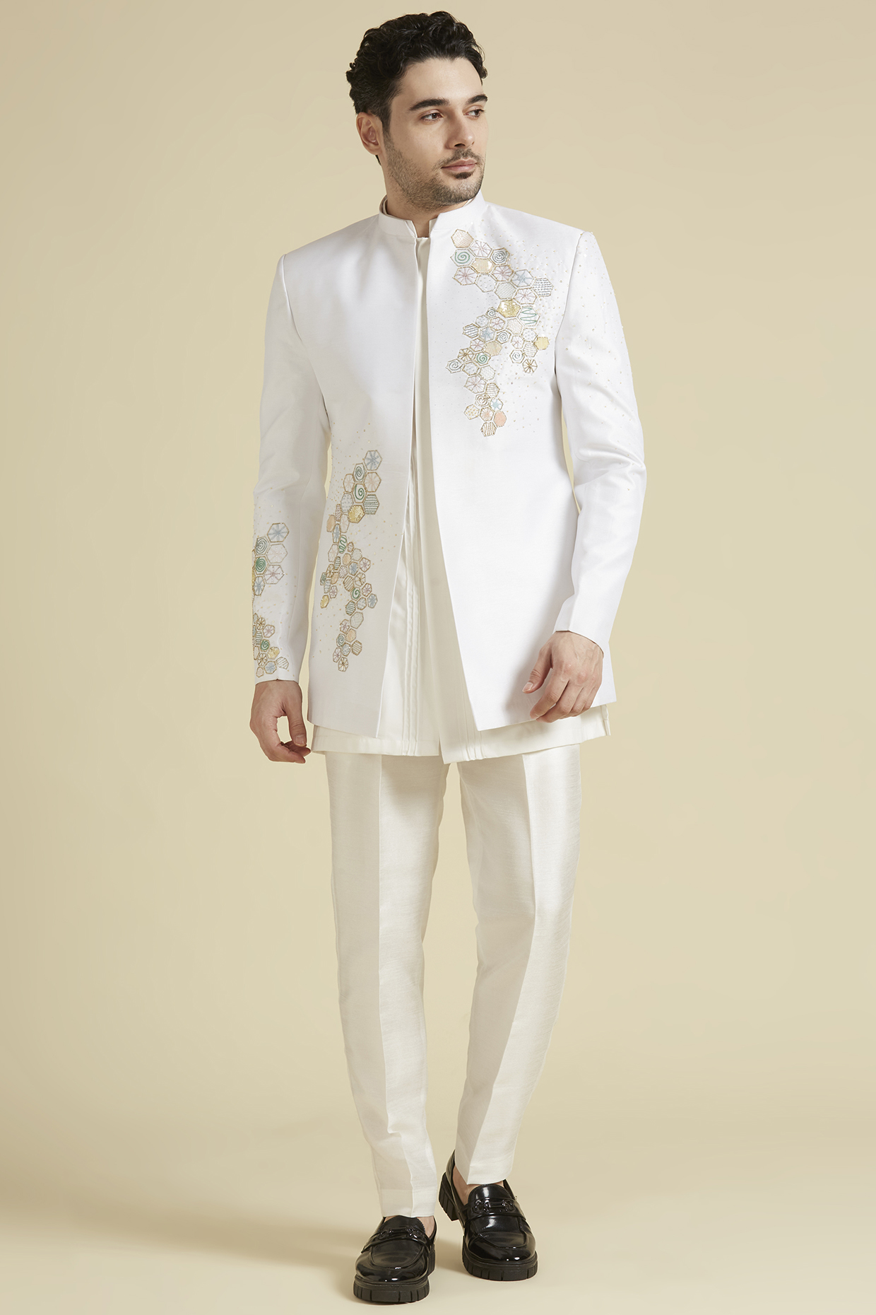 White Raw Silk Hand Embroidered Indo-Western Set by LA ADORE BY BHAVIK J BAFNA